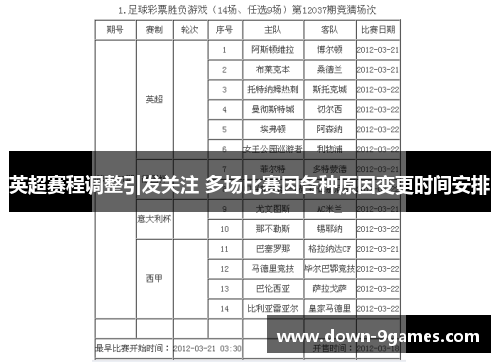 英超赛程调整引发关注 多场比赛因各种原因变更时间安排 英超赛程调整引发关注 多场比赛因各种原因变更时间安排