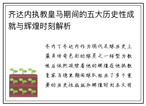 齐达内执教皇马期间的五大历史性成就与辉煌时刻解析 齐达内执教皇马期间的五大历史性成就与辉煌时刻解析