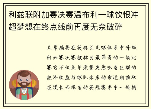 利兹联附加赛决赛温布利一球饮恨冲超梦想在终点线前再度无奈破碎 利兹联附加赛决赛温布利一球饮恨冲超梦想在终点线前再度无奈破碎