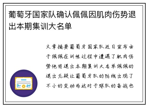 葡萄牙国家队确认佩佩因肌肉伤势退出本期集训大名单
