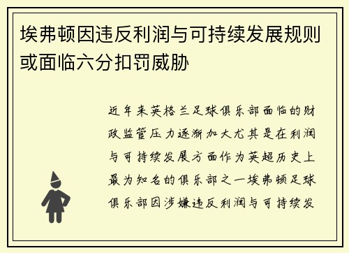 埃弗顿因违反利润与可持续发展规则或面临六分扣罚威胁